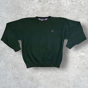 Vintage TOMMY HILFIGER Sweater Men XL Green Crest Cotton Preppy 90s Y2K Pullover